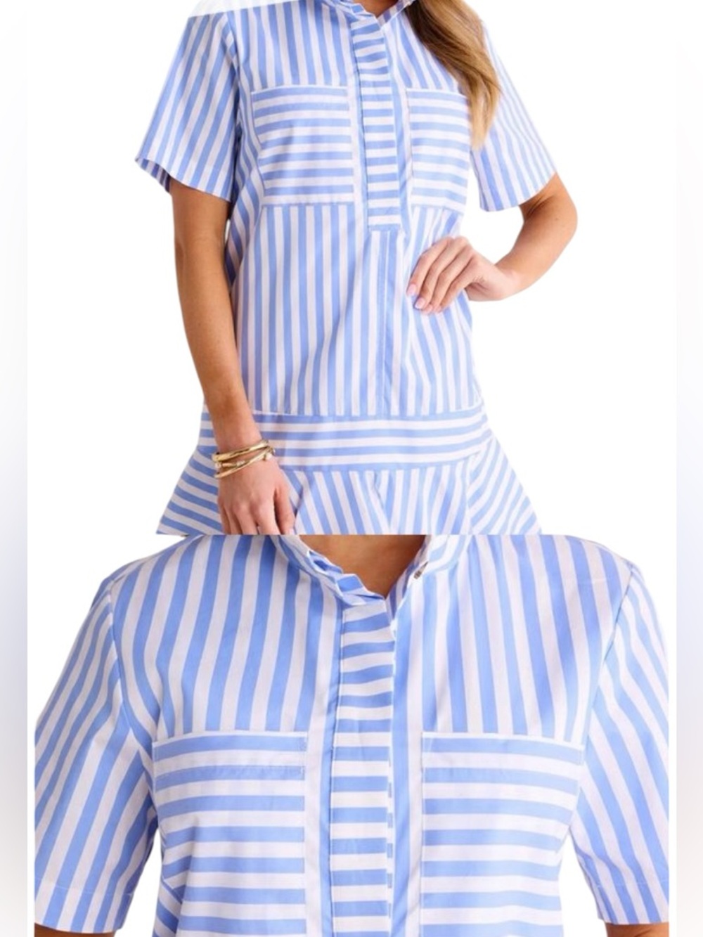 NWT Avara Emilia Blue & White Striped Dress Mock Neck Flounce Hem Size Large $68